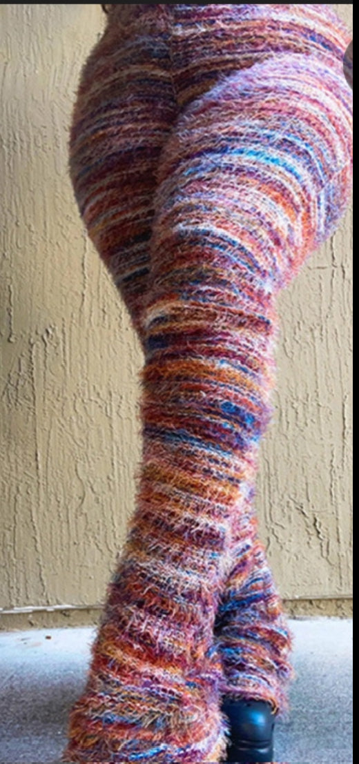 Multi-colored Striped Fluffy Fur Stacked pants
