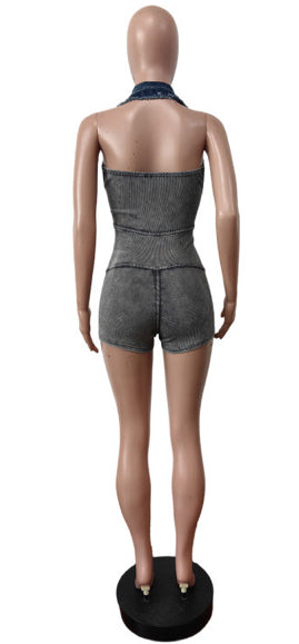 Lapel Sleeveless Denim Romper