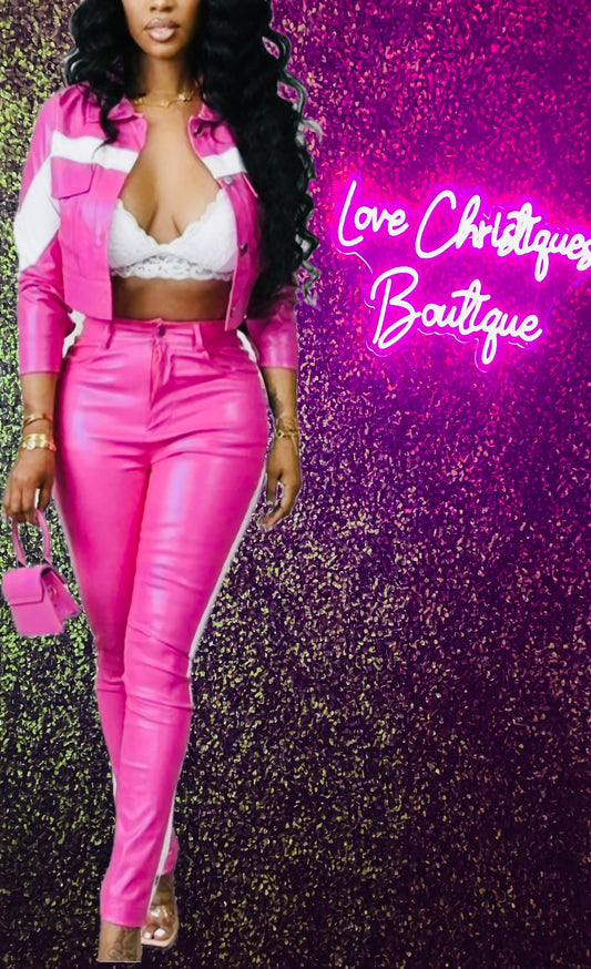 Pink and White Leather Pants And Jacket set