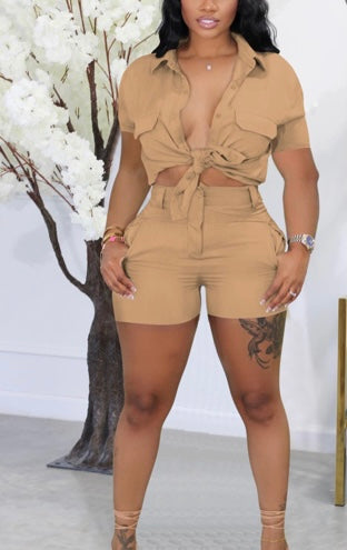 Solid Color Tie Up Shirt And Shorts Two Piece Set