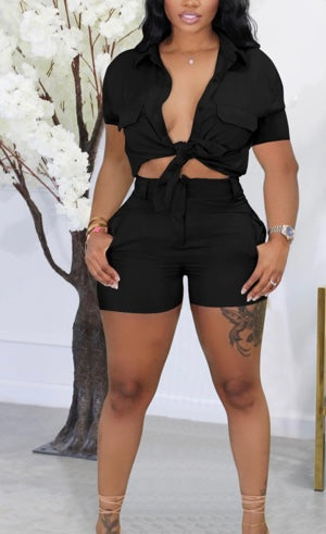 Solid Color Tie Up Shirt And Shorts Two Piece Set