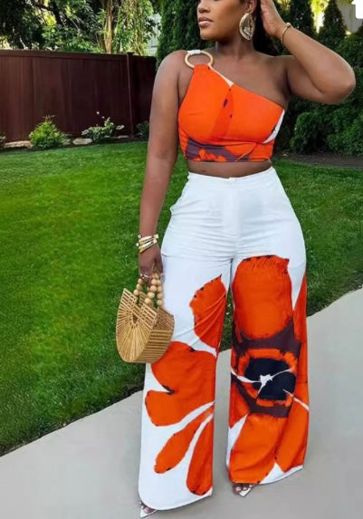 Printed One Shoulder Slim Wide Leg Pants Two Piece Set
