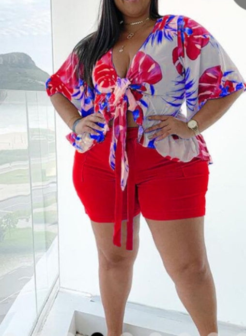 Plus Size Printed Tie-Up Top+Shorts 2 Piece Sets