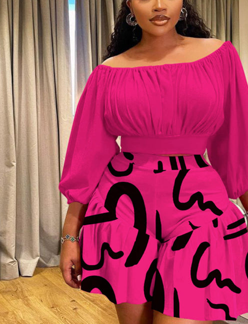 Plus Size Off The Shoulder Pleated Casual Two Piece Shorts Set