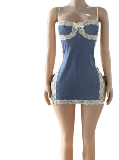 Lace Patchwork Sling Split Mini Dress